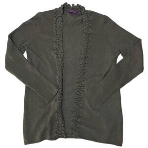 Asha 100% Cashmere Open Front Knit Cardigan Gray Ruffled Longline - Size Medium